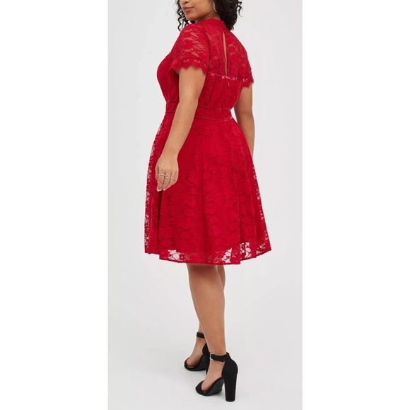 Torrid Mock Neck Fit & Flare Mini Dress Lace Jester Red Velvet Trim Plus Size 26 - Picture 11 of 16